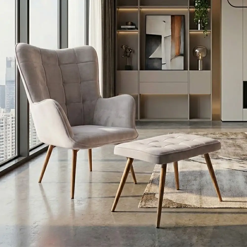 Πολυθρόνα - Μπερζέρα με υποπόδιο Lily Megapap μπεζ βελούδο - μεταλλικό πόδι χρώμα φυσικό 70x62x98εκ. | GP001-0060,3