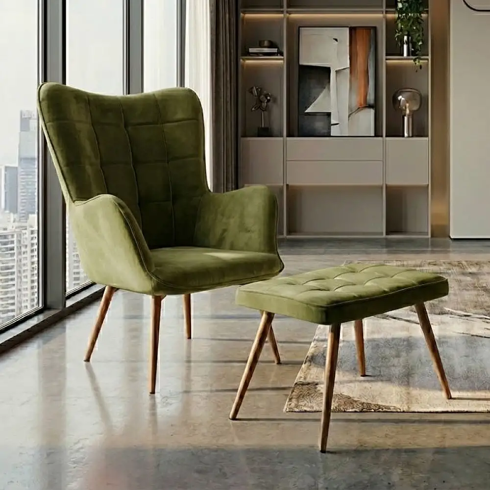 Πολυθρόνα - Μπερζέρα με υποπόδιο Lily Megapap λαδί βελούδο - μεταλλικό πόδι χρώμα φυσικό 70x62x98εκ. | GP001-0061,2