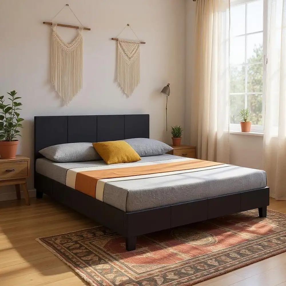 Κρεβάτι Flat Megapap από τεχνόδερμα χρώμα μαύρο ματ 140x190εκ. | GP002-0014,1