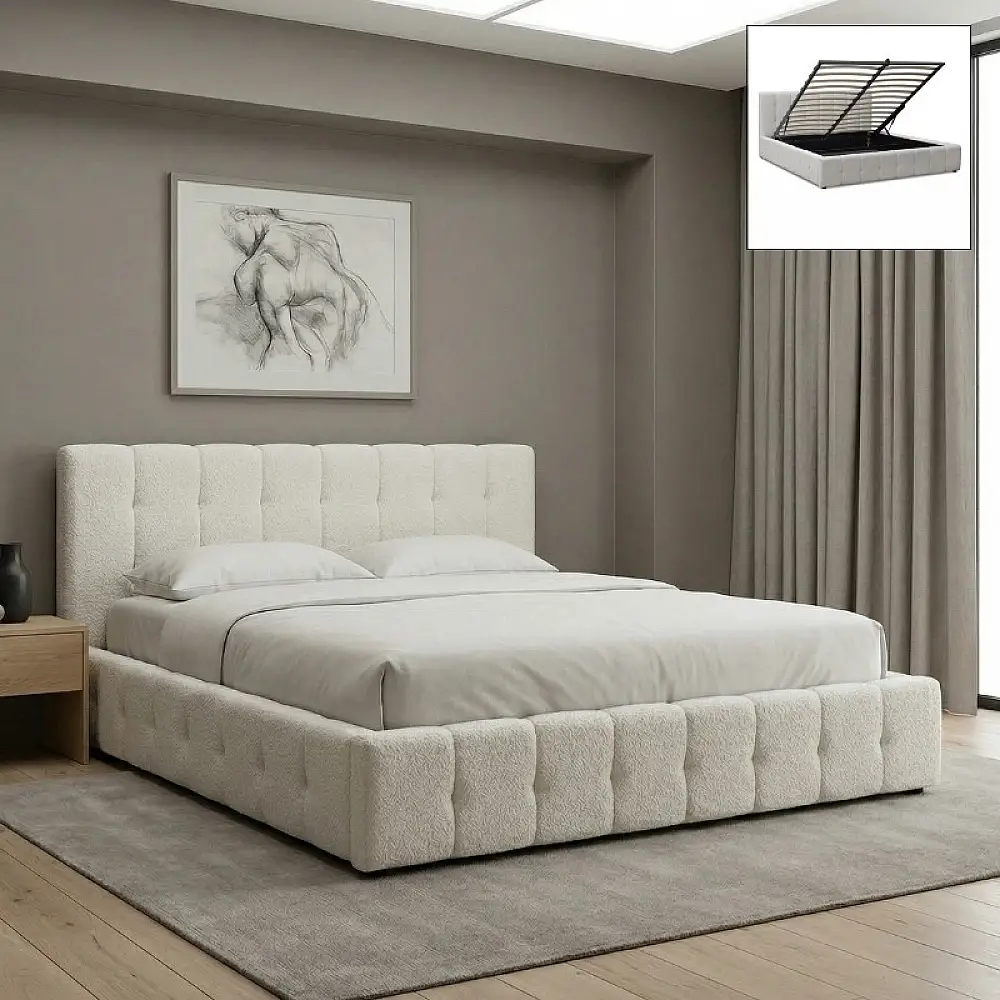 Κρεβάτι Norah Megapap μπουκλέ ύφασμα με αποθηκευτικό χώρο χρώμα ivory 160x200εκ. | GP002-0019,1