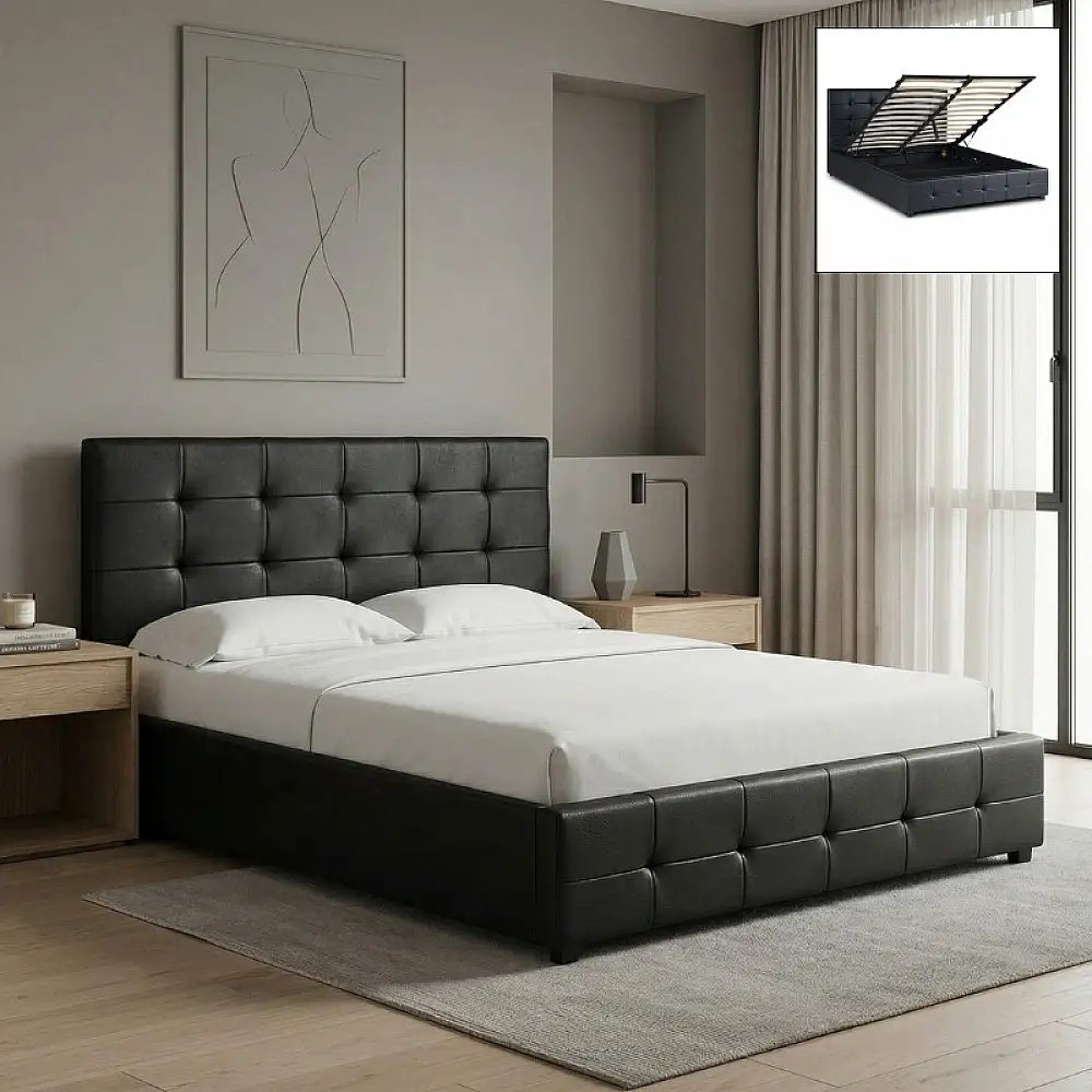 Κρεβάτι Iro Megapap από τεχνόδερμα με αποθηκευτικό χώρο χρώμα μαύρο 150x200εκ. | GP002-0027,1