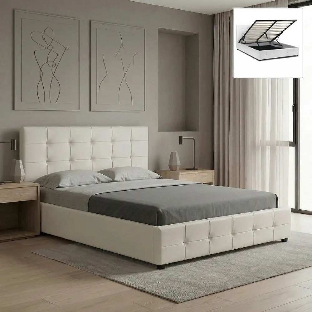 Κρεβάτι Iro Megapap από τεχνόδερμα με αποθηκευτικό χώρο χρώμα λευκό 150x200εκ. | GP002-0027,2