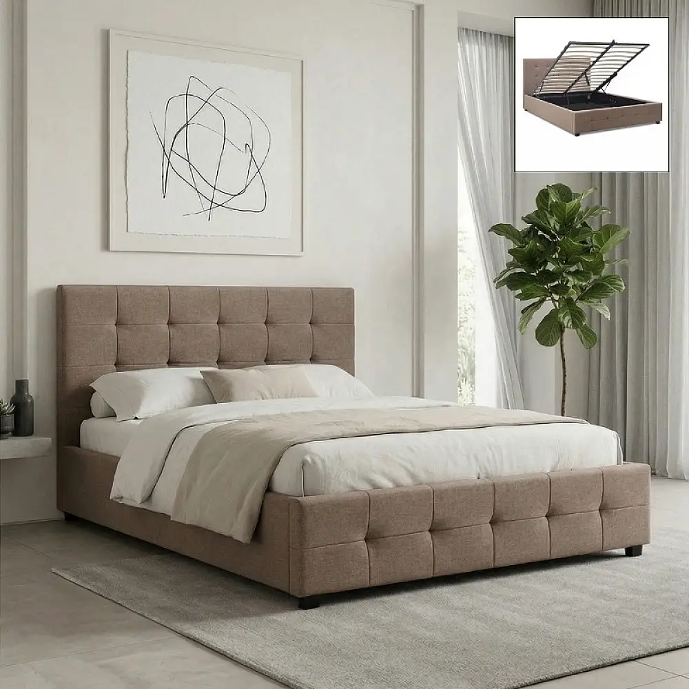 Κρεβάτι Iro Megapap υφασμάτινο με αποθηκευτικό χώρο χρώμα μπεζ - καφέ 150x200εκ. | GP002-0027,4