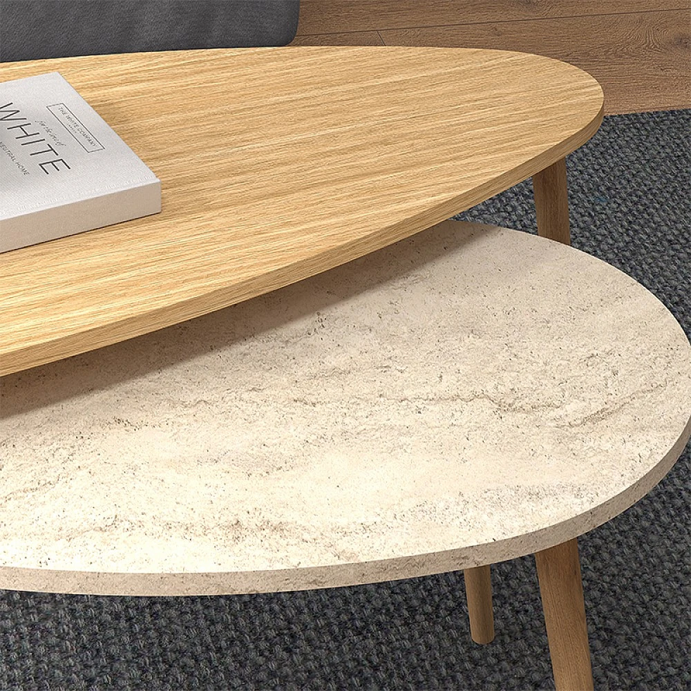 Τραπεζάκι σαλονιού σετ 2 τμχ Elips Megapap χρώμα oak - travertine 116x46x46εκ. Τραπεζάκι σαλονιού σετ 2 τμχ Elips Megapap χρώμα oak - travertine 116x46x46εκ.