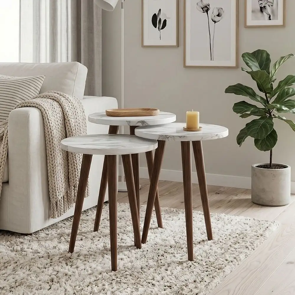 Τραπεζάκι βοηθητικό σετ 3 τμχ Cruz Megapap χρώμα λευκό εφέ μαρμάρου Ø33x46εκ. | GP026-0110,4