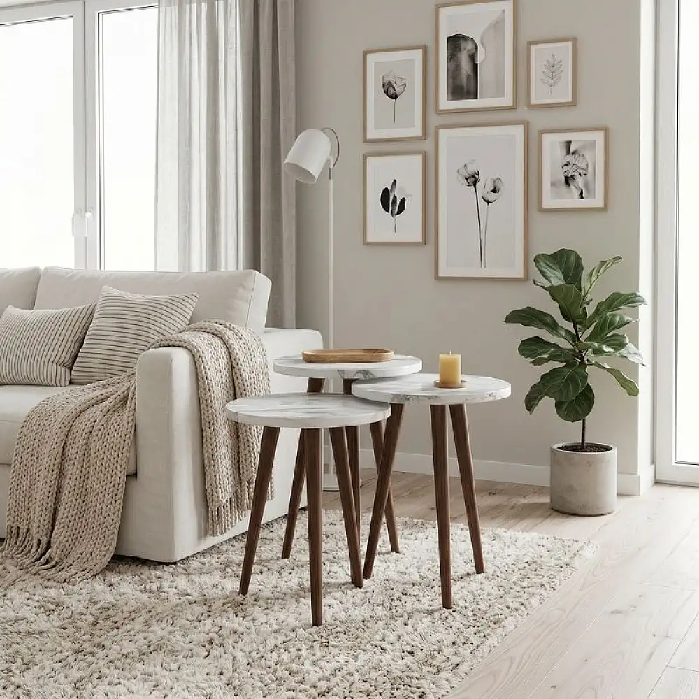 Τραπεζάκι βοηθητικό σετ 3 τμχ Cruz Megapap χρώμα λευκό εφέ μαρμάρου Ø33x46εκ. | GP026-0110,4