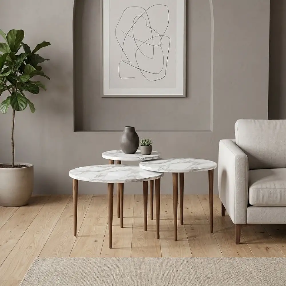 Τραπεζάκι σαλονιού σετ 3 τμχ Nola Megapap χρώμα λευκό εφέ μαρμάρου Ø60x46εκ. | GP026-0111,4