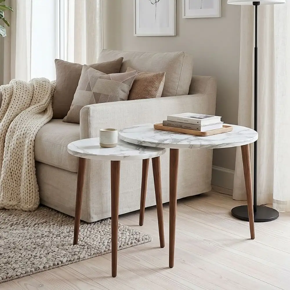 Τραπεζάκι σαλονιού σετ 2 τμχ Nola Megapap χρώμα λευκό εφέ μαρμάρου Ø60x46εκ. | GP026-0112,4