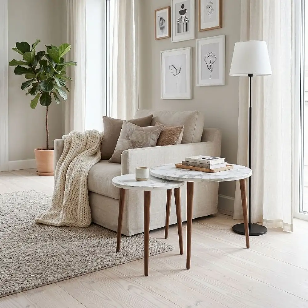 Τραπεζάκι σαλονιού σετ 2 τμχ Nola Megapap χρώμα λευκό εφέ μαρμάρου Ø60x46εκ. | GP026-0112,4