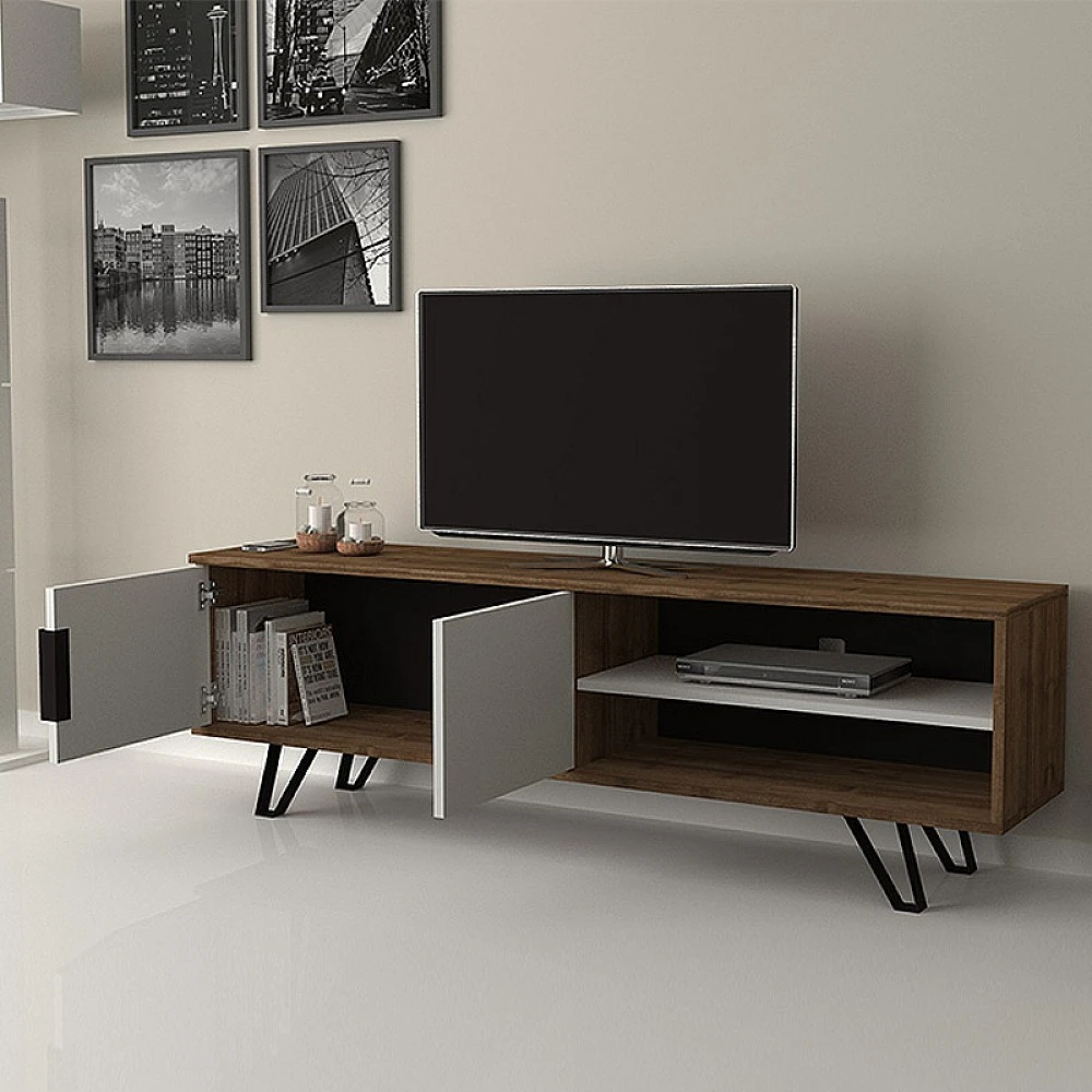 Έπιπλο τηλεόρασης Foot Megapap χρώμα καρυδί - λευκό 160x35x49εκ.