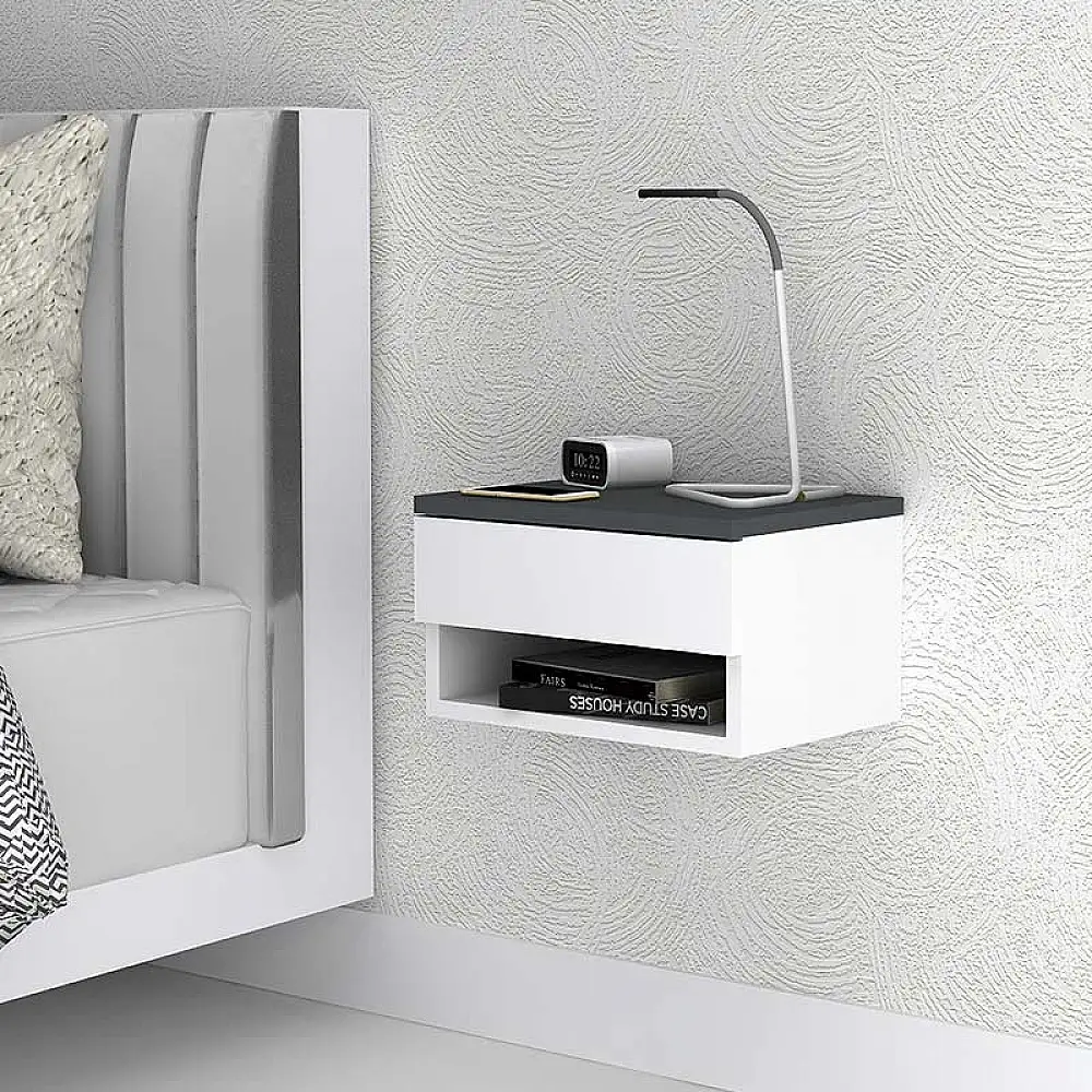 Κομοδίνο επιτοίχιο Mary Megapap χρώμα ανθρακί - λευκό 40x30x23εκ. | GP028-0052,4