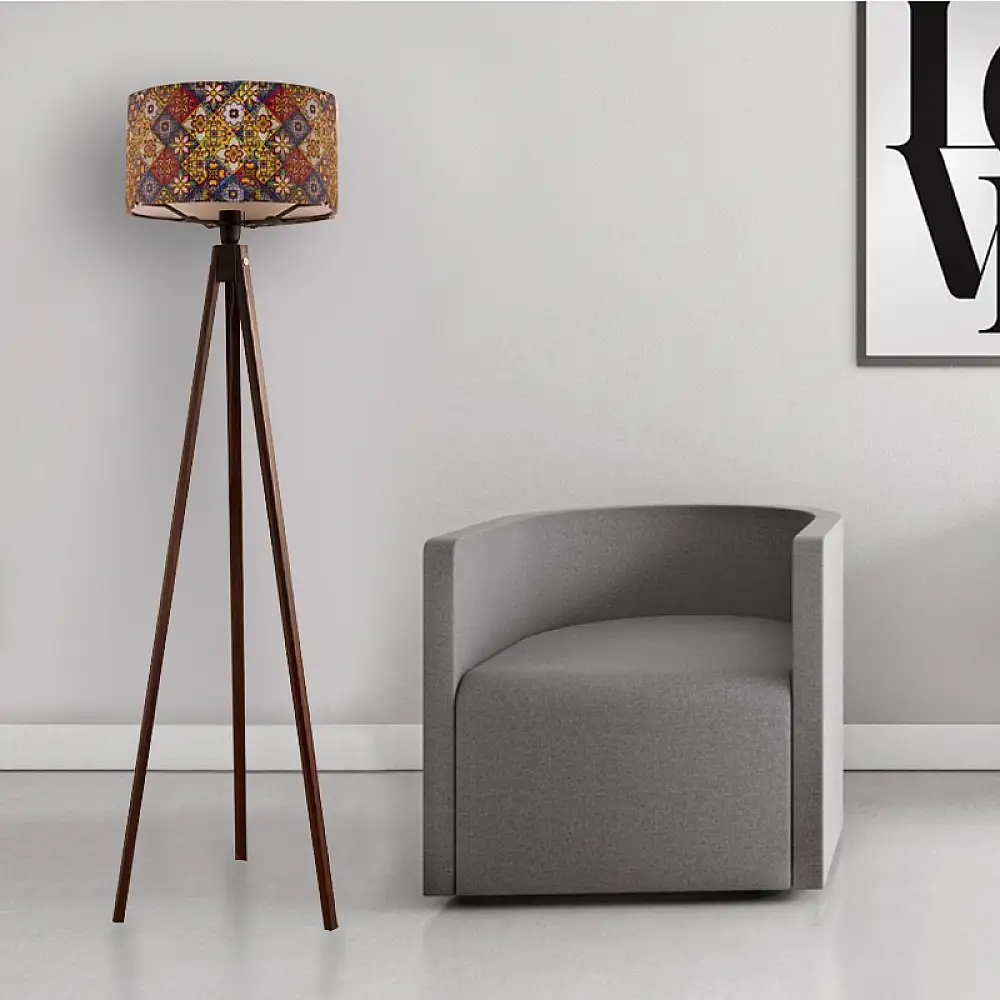 Φωτιστικό δαπέδου Rosling Megapap Mdf/ύφασμα Pvc χρώμα καρυδί - πολύχρωμο 38x38x140εκ.