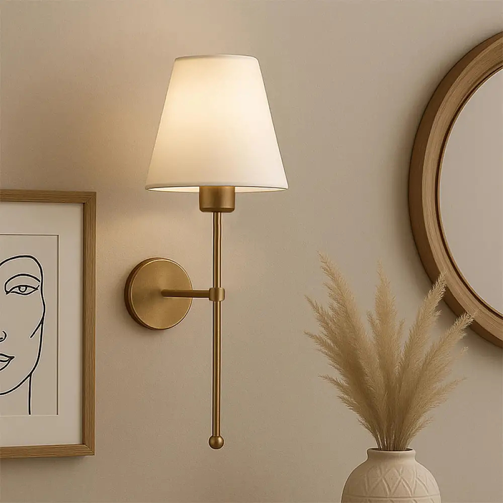 Απλίκα τοίχου Verma Megapap E27 υφασμάτινη - μεταλλική χρώμα χρυσό - κρεμ 13x13x50εκ. | GP029-0162,1