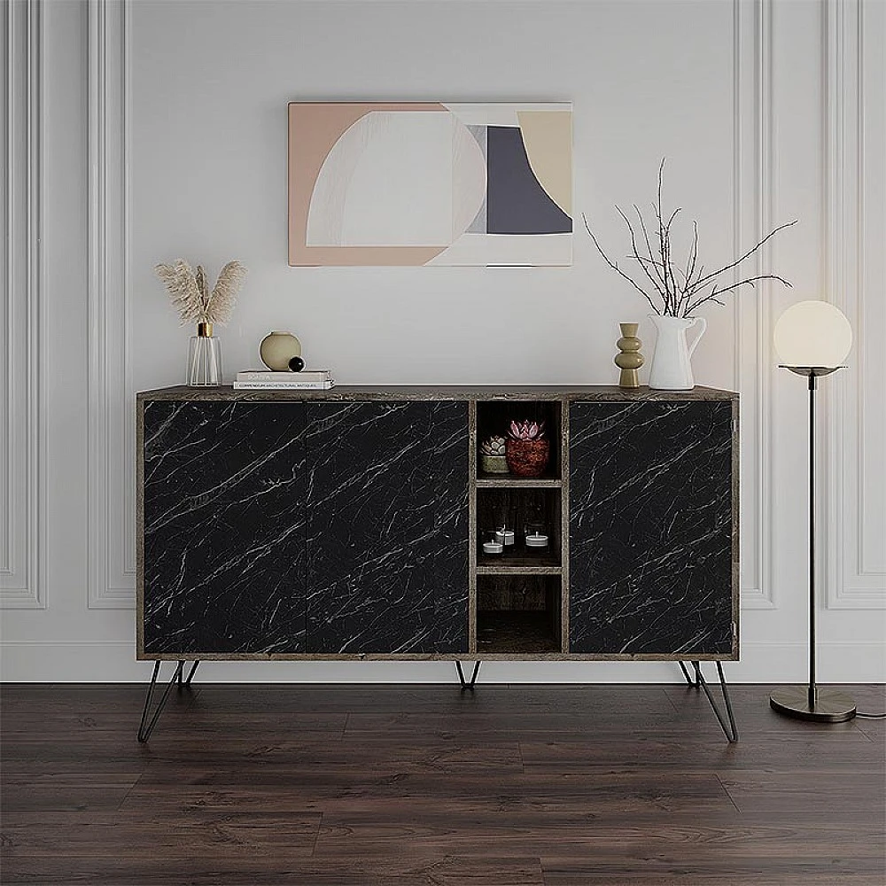 Μπουφές Clara Megapap χρώμα dark coffee - μαύρο εφέ μαρμάρου 142x35,6x83εκ.