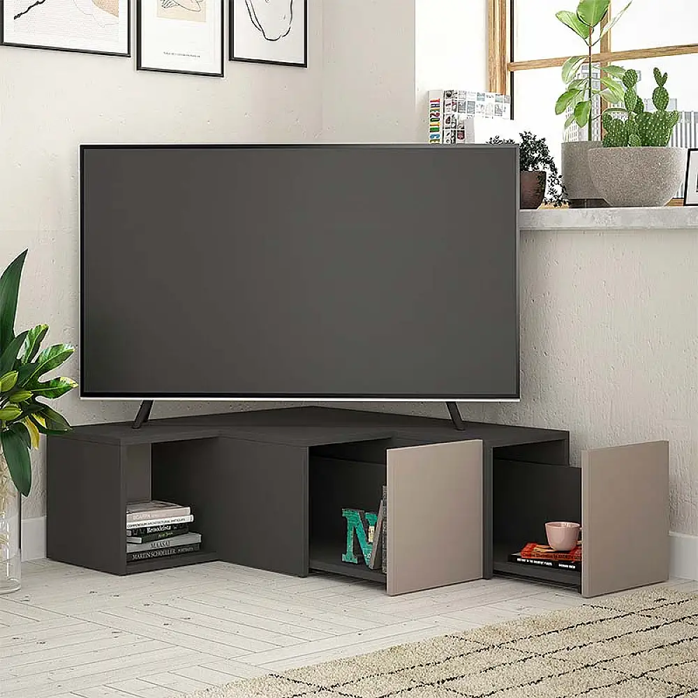 Έπιπλο τηλεόρασης γωνιακό Compact Megapap χρώμα ανθρακί - ανοιχτή μόκα 94,2x90,6x31,4εκ. | GP037-0056,1
