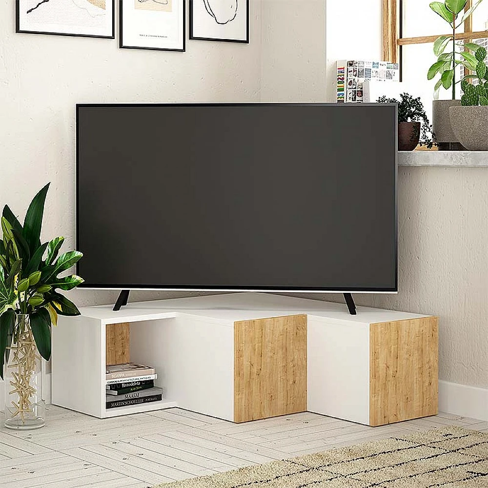 Έπιπλο τηλεόρασης γωνιακό Compact Megapap χρώμα λευκό - φυσικό οξιάς 94,2x90,6x31,4εκ.