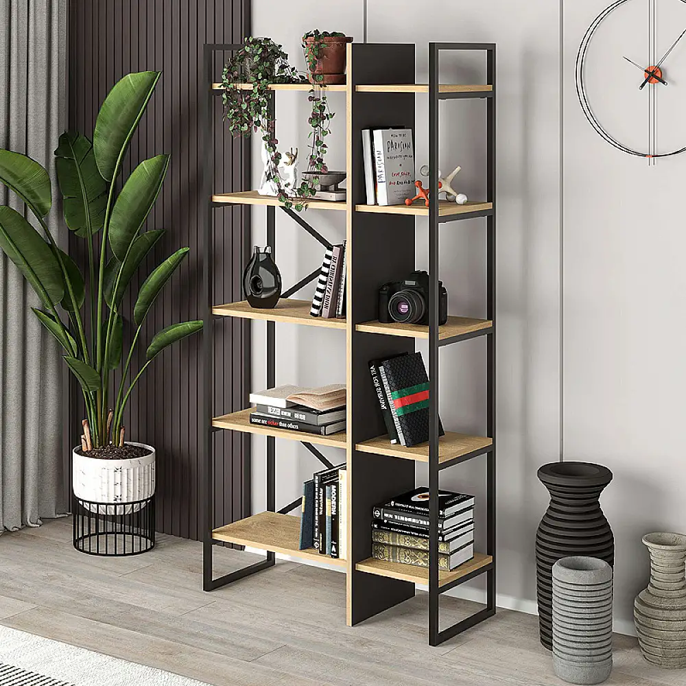 Βιβλιοθήκη Detroit Megapap χρώμα sapphire oak - silky black 87,5x35,2x175εκ. | GP037-0229,1