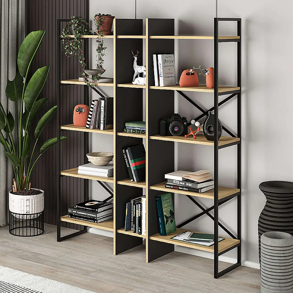 Βιβλιοθήκη Detroit Megapap χρώμα sapphire oak - silky black 143,5x35,2x175εκ. | GP037-0230,1