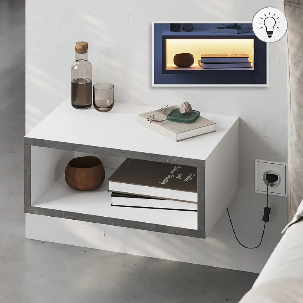 Κομοδίνο επιτοίχιο Brik Megapap με LED χρώμα λευκό - γκρι ρετρό 45x30x18εκ. | GP037-0280,2