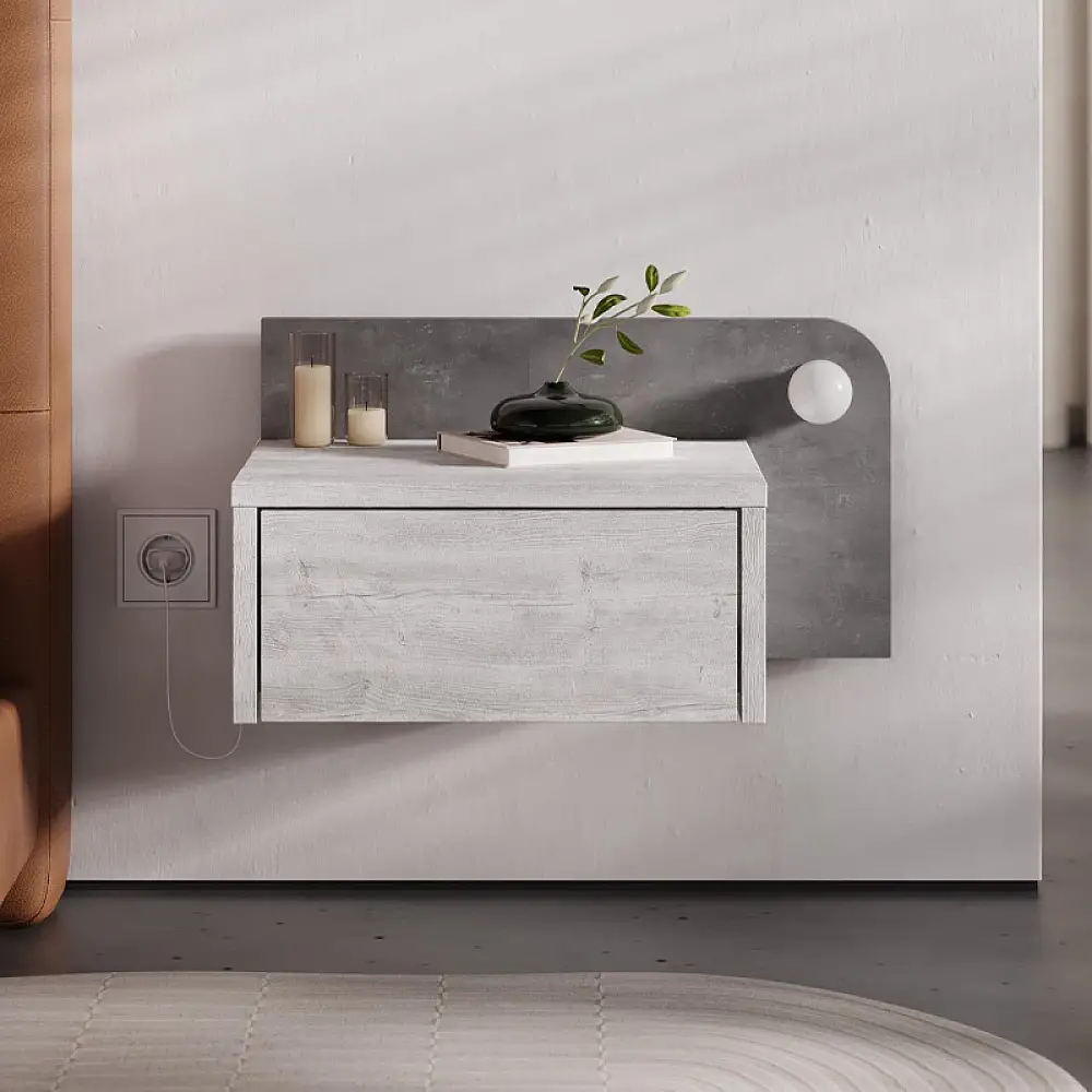 Κομοδίνο επιτοίχιο Dotta Megapap με LED χρώμα λευκό αντικέ - γκρι ρετρό 52x33,6x28εκ. | GP037-0281,1