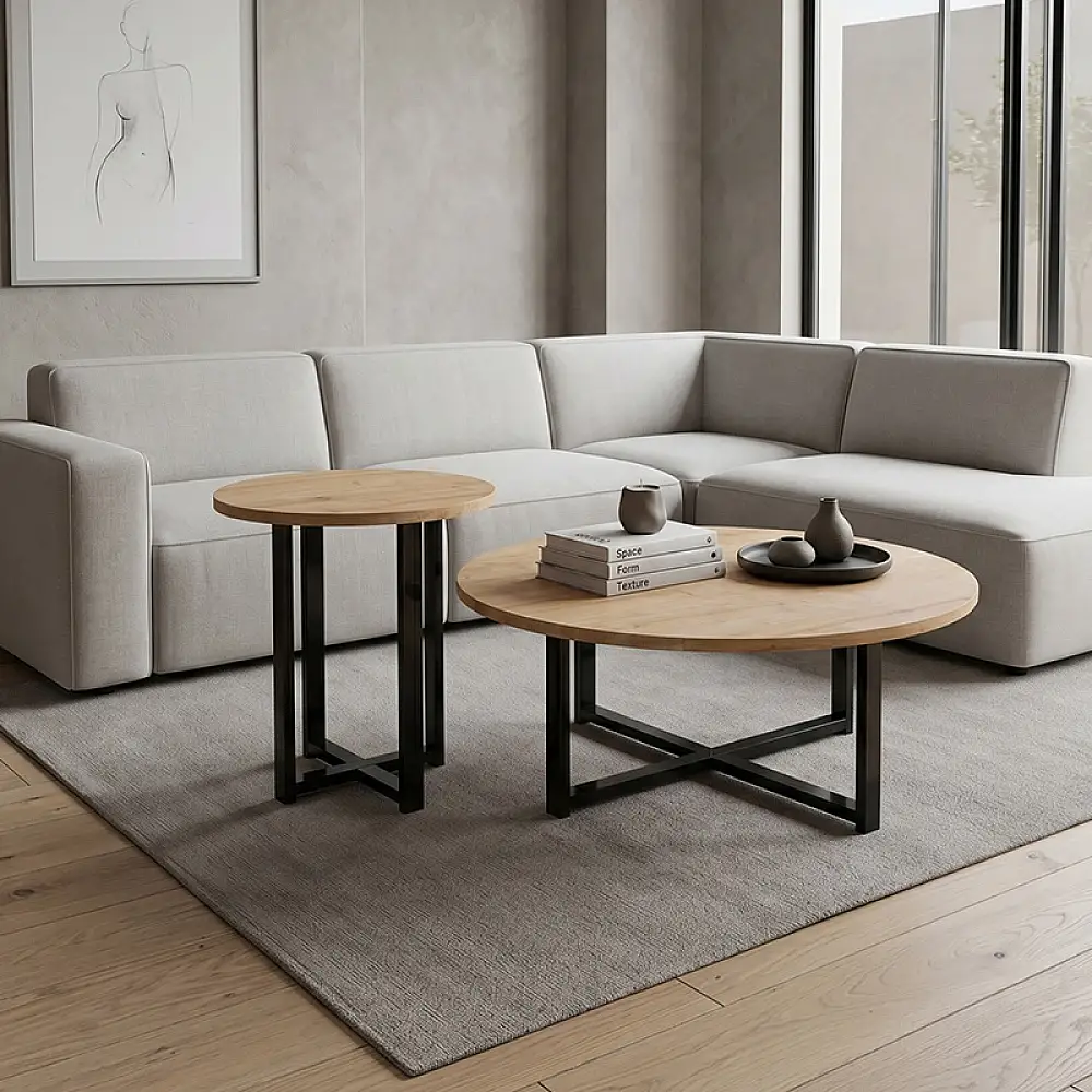 Τραπεζάκι σαλονιού σετ 2 τμχ Mesa Megapap χρώμα sapphire oak Ø90x35,5εκ. | GP037-0307,1