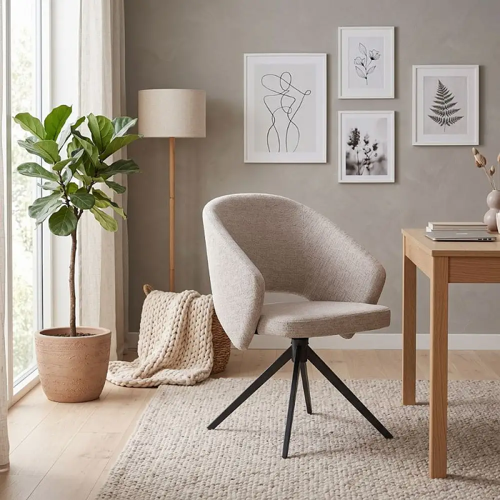 Πολυθρόνα τραπεζαρίας Milano Megapap περιστρεφόμενη χρώμα ανοιχτό μπεζ ύφασμα - μεταλλικό μαύρο πόδι 64x64x83εκ. | GP040-0029,1