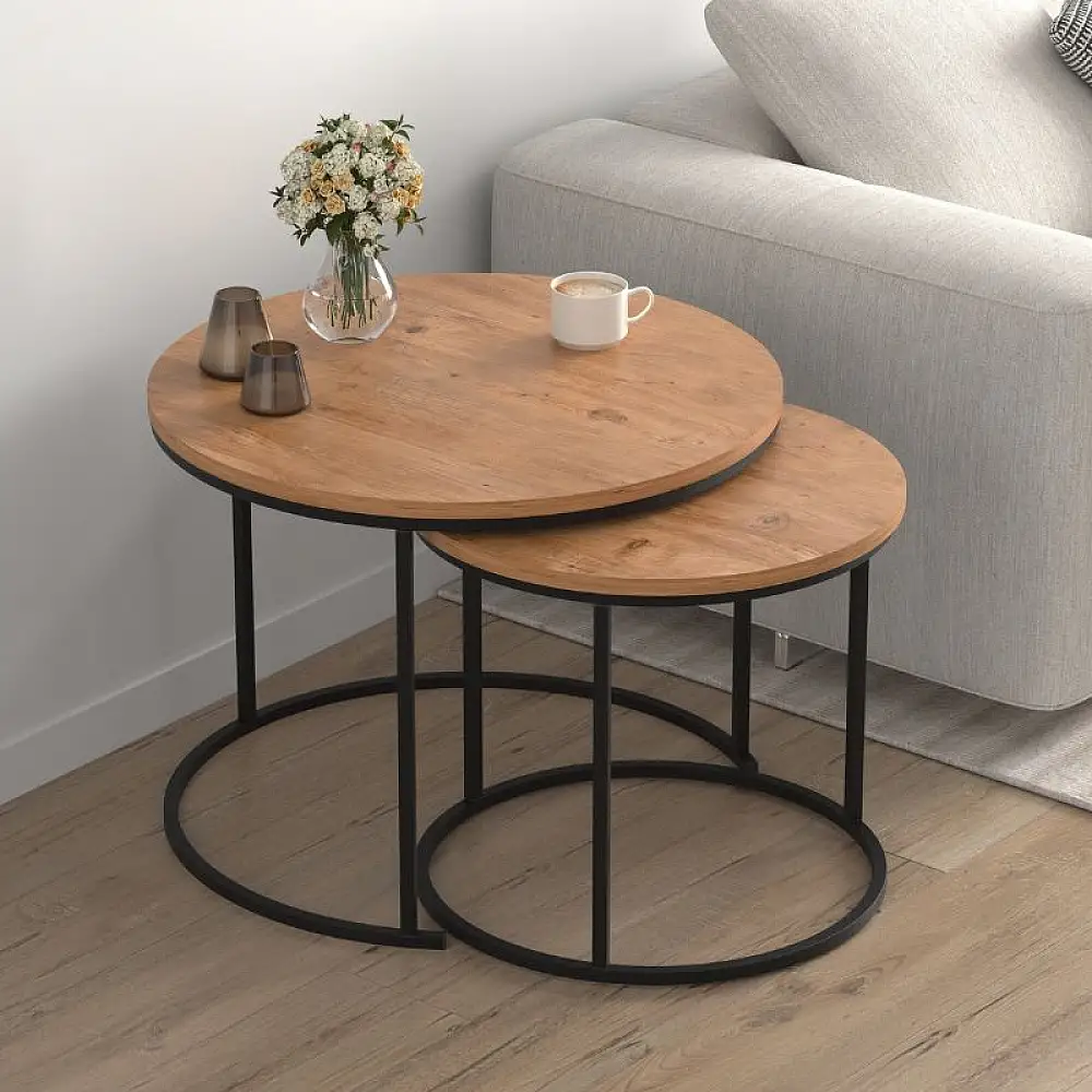 Τραπεζάκι σαλονιού σετ 2 τμχ Hilal Megapap χρώμα pine oak Ø66x49,5εκ. | GP041-0130,1