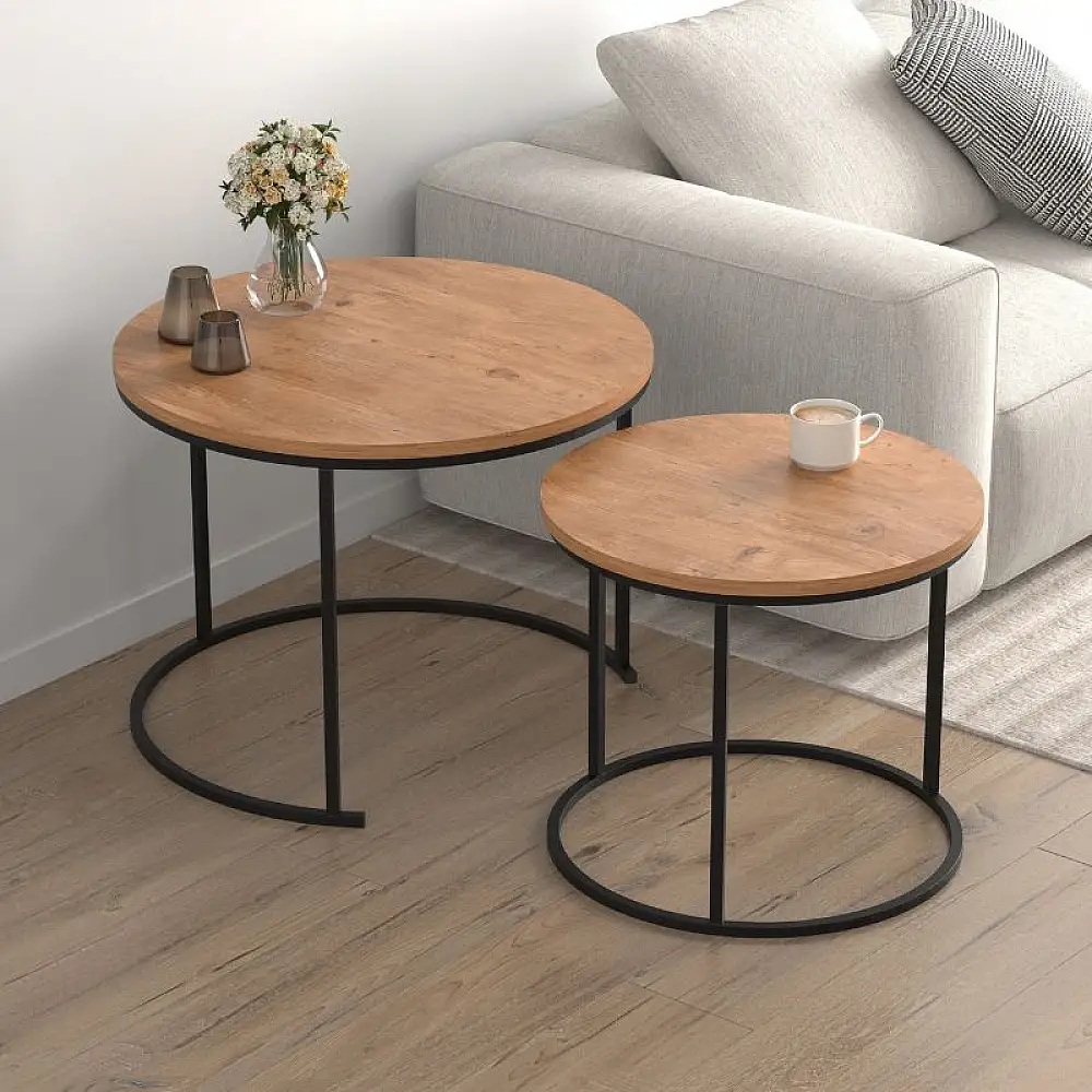 Τραπεζάκι σαλονιού σετ 2 τμχ Hilal Megapap χρώμα pine oak Ø66x49,5εκ. | GP041-0130,1