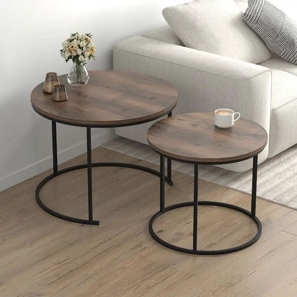 Τραπεζάκι σαλονιού σετ 2 τμχ Hilal Megapap χρώμα καπνιστή καρυδιά Ø66x49,5εκ. | GP041-0130,3