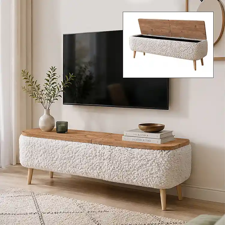 Έπιπλο τηλεόρασης Luno Megapap ύφασμα teddy χρώμα λευκό - pine oak 120x30x45εκ. | GP041-0148,1