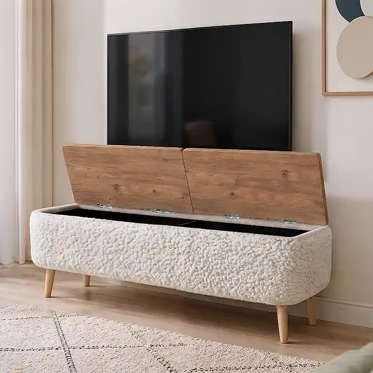 Έπιπλο τηλεόρασης Luno Megapap ύφασμα teddy χρώμα λευκό - pine oak 120x30x45εκ. | GP041-0148,1