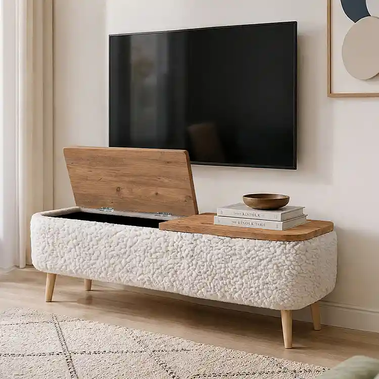 Έπιπλο τηλεόρασης Luno Megapap ύφασμα teddy χρώμα λευκό - pine oak 120x30x45εκ. | GP041-0148,1