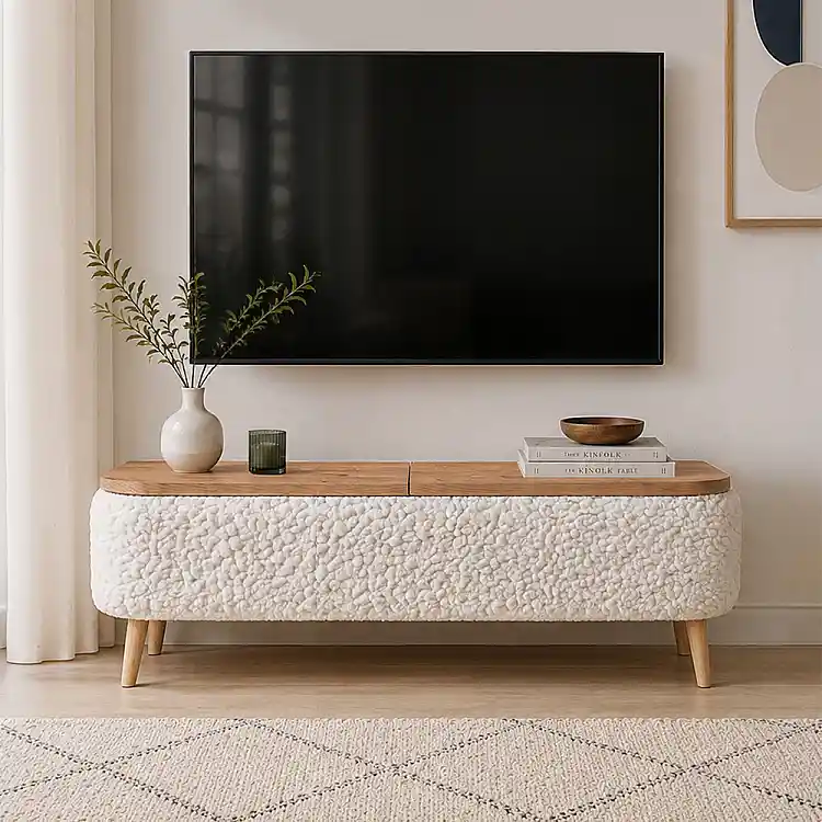 Έπιπλο τηλεόρασης Luno Megapap ύφασμα teddy χρώμα λευκό - pine oak 120x30x45εκ. | GP041-0148,1