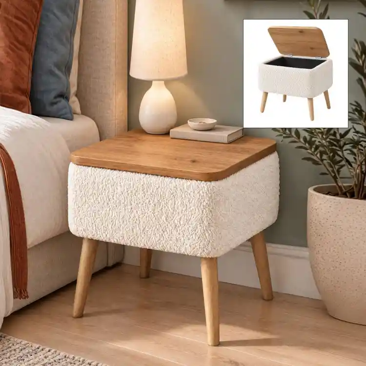 Κομοδίνο Nivo Megapap ύφασμα teddy χρώμα λευκό - pine oak 45x35x45εκ. | GP041-0151,1