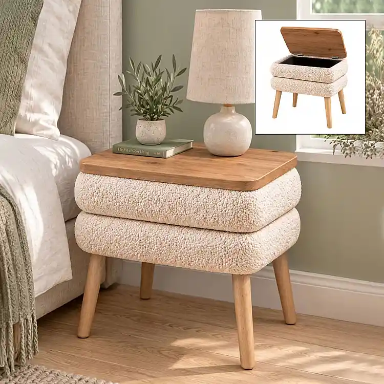 Κομοδίνο Nivo Megapap ύφασμα teddy χρώμα λευκό - pine oak 50x45x45εκ. | GP041-0152,1