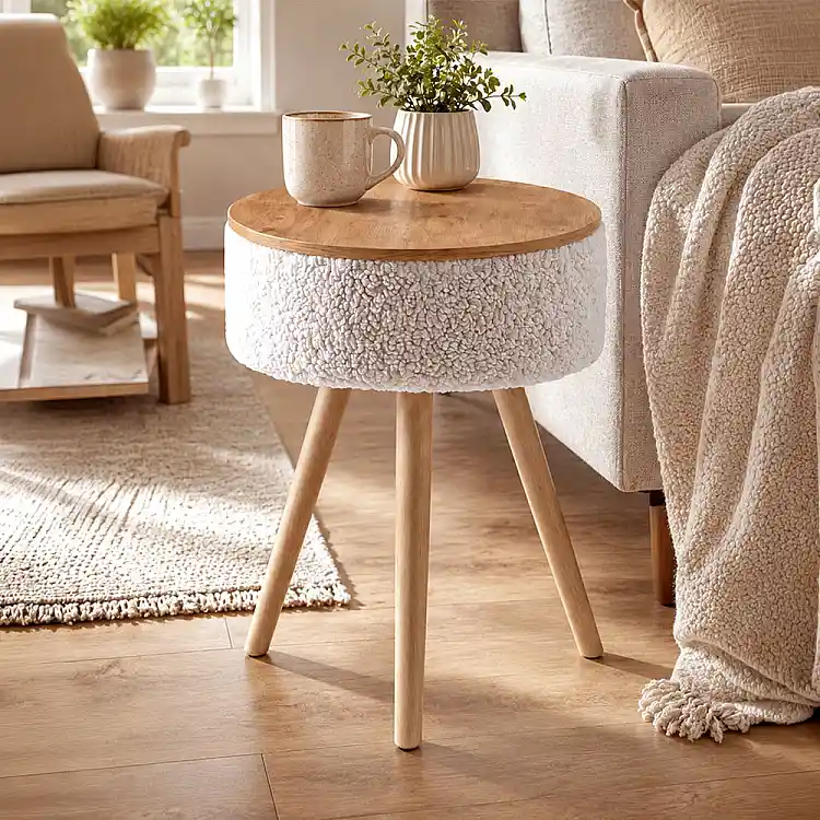 Τραπεζάκι βοηθητικό Luno Megapap ύφασμα teddy χρώμα λευκό - pine oak Ø33x50εκ. | GP041-0153,1