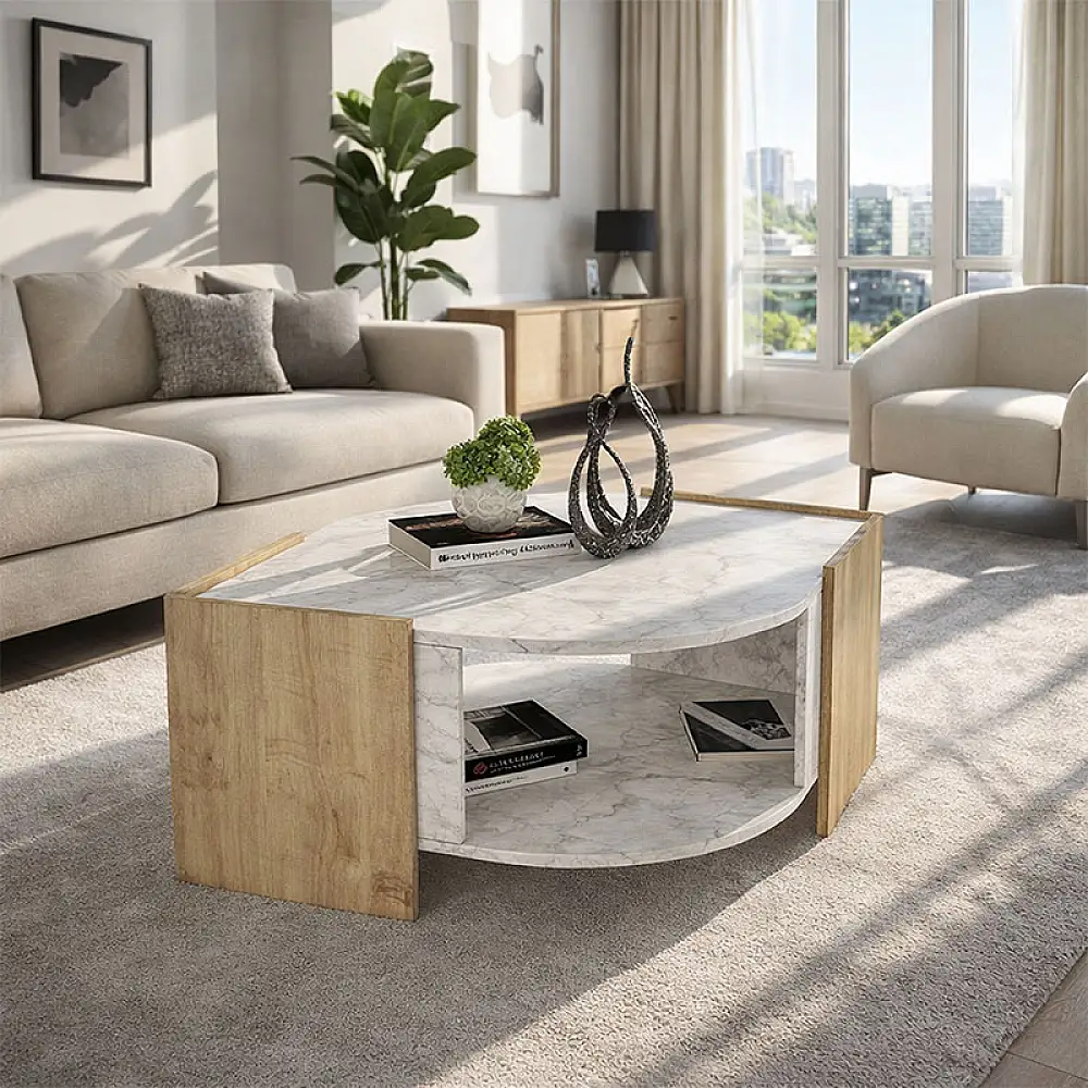 Τραπεζάκι σαλονιού Marbel Megapap χρώμα sapphire oak - λευκό εφέ μαρμάρου 75x75x40εκ. | GP042-0078,2