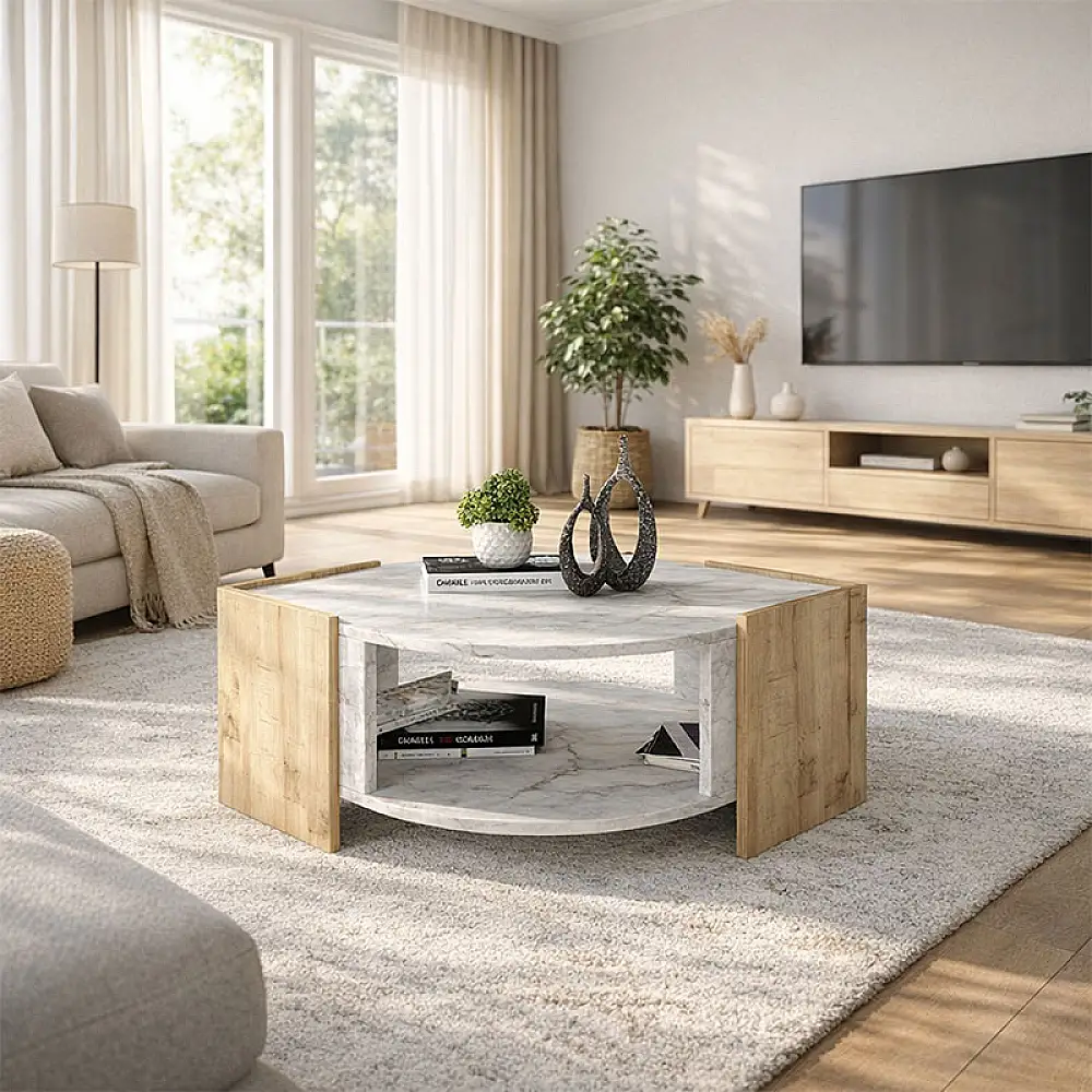 Τραπεζάκι σαλονιού Marbel Megapap χρώμα sapphire oak - λευκό εφέ μαρμάρου 75x75x40εκ. | GP042-0078,2