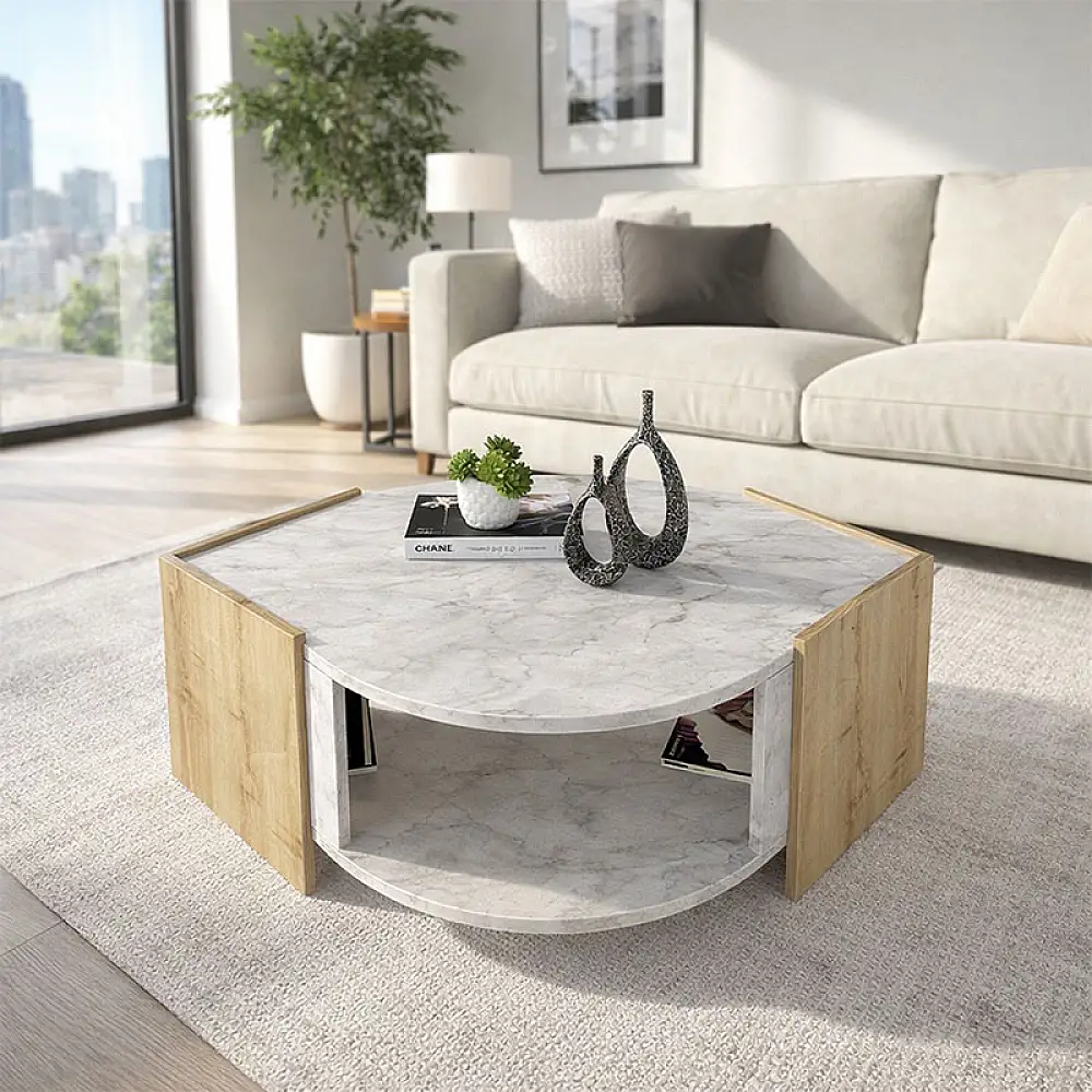 Τραπεζάκι σαλονιού Marbel Megapap χρώμα sapphire oak - λευκό εφέ μαρμάρου 75x75x40εκ. | GP042-0078,2