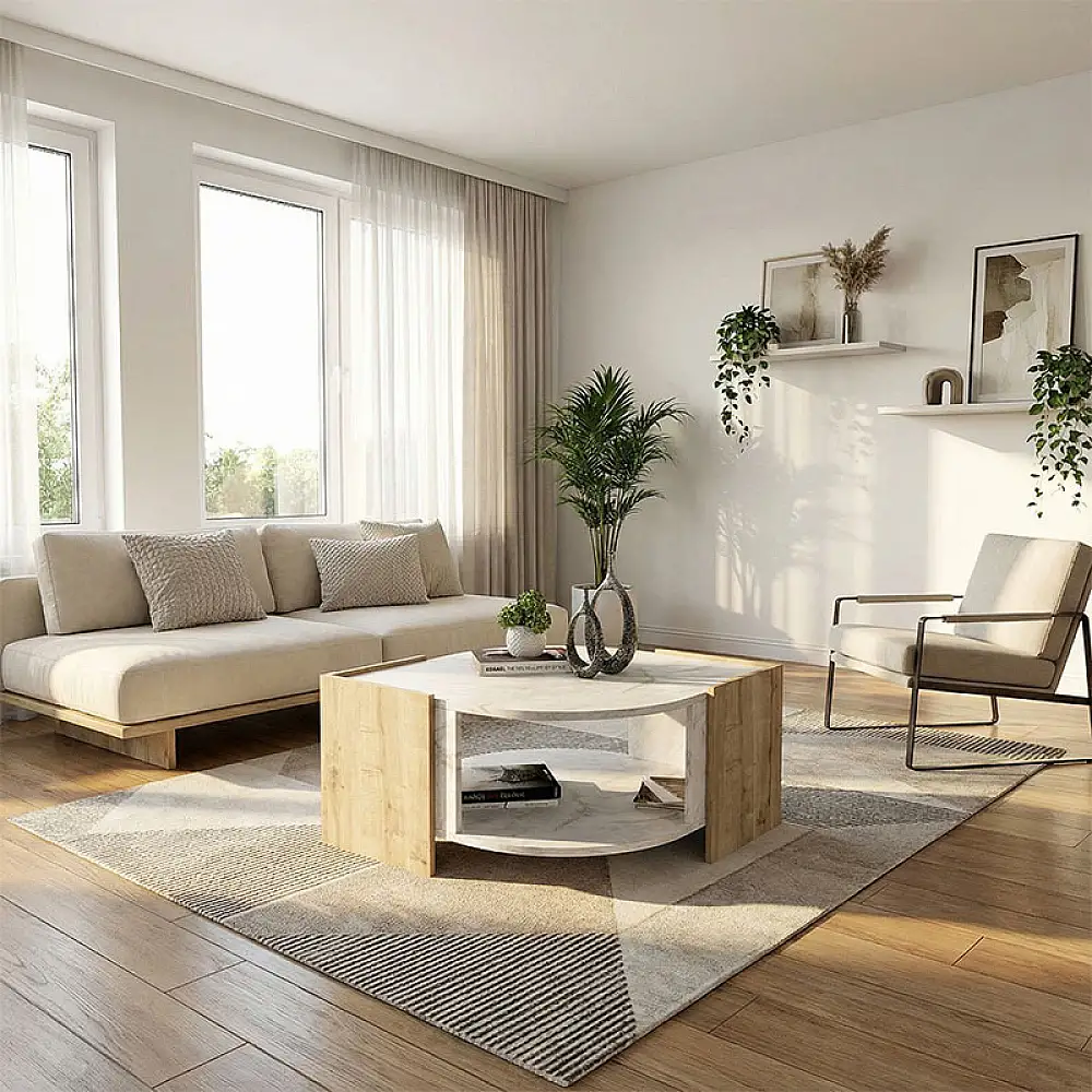 Τραπεζάκι σαλονιού Marbel Megapap χρώμα sapphire oak - λευκό εφέ μαρμάρου 75x75x40εκ. | GP042-0078,2