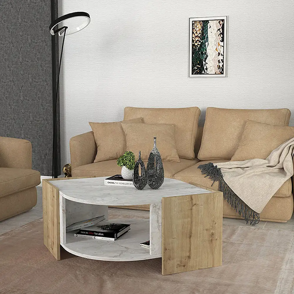 Τραπεζάκι σαλονιού Marbel Megapap χρώμα sapphire oak - λευκό εφέ μαρμάρου 75x75x40εκ. | GP042-0078,2