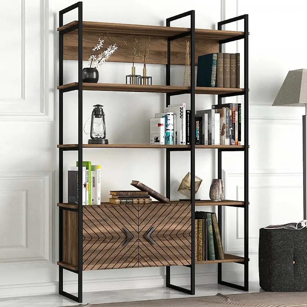 Βιβλιοθήκη Eduardo Megapap μεταλλική - μελαμίνης χρώμα καρυδί 120x39x180εκ. | GP042-0099,1