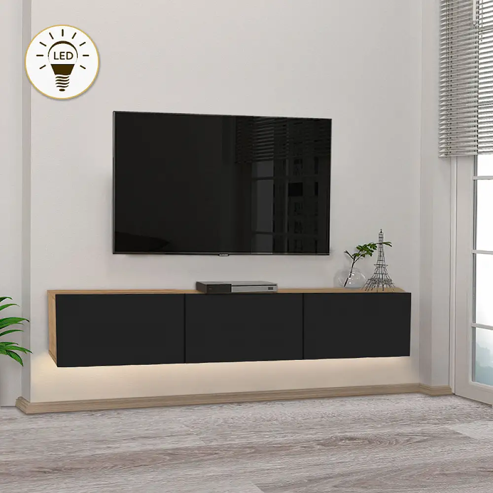 Έπιπλο τηλεόρασης επιτοίχιο Damla Megapap με LED χρώμα sapphire oak - μαύρο 180x29,5x29,5εκ. | GP042-0169,6