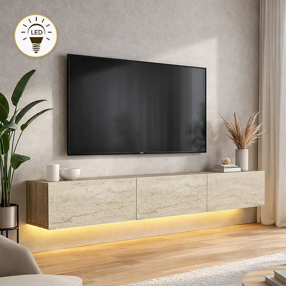 Έπιπλο τηλεόρασης επιτοίχιο Damla Megapap με LED χρώμα travertine 180x29,5x29,5εκ. | GP042-0169,9
