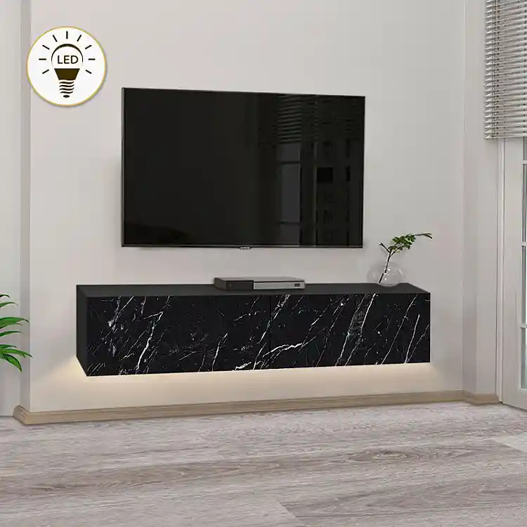 Έπιπλο τηλεόρασης επιτοίχιο Aristo Megapap με LED χρώμα μαύρο - εφέ μαρμάρου 135x31,6x25εκ. | GP042-0170,3