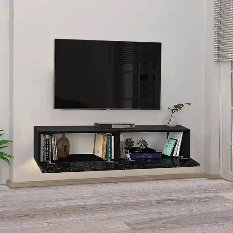 Έπιπλο τηλεόρασης επιτοίχιο Aristo Megapap με LED χρώμα μαύρο - εφέ μαρμάρου 135x31,6x25εκ. | GP042-0170,3