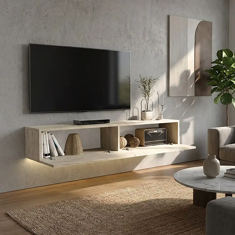 Έπιπλο τηλεόρασης επιτοίχιο Aristo Megapap με LED χρώμα travertine 135x31,6x25εκ. | GP042-0170,8