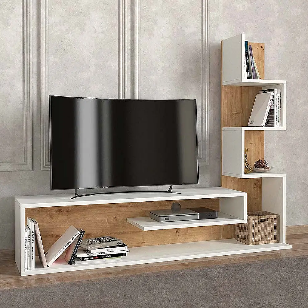 Έπιπλο τηλεόρασης Metehan Megapap χρώμα λευκό - sapphire oak 149,5x29,5x120εκ. - GP042-0183,1