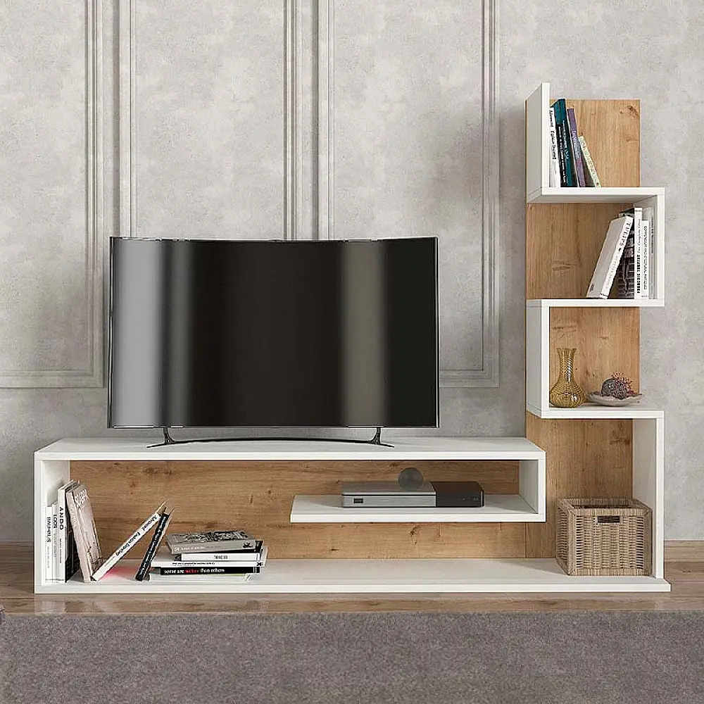 Έπιπλο τηλεόρασης Metehan Megapap χρώμα λευκό - sapphire oak 149,5x29,5x120εκ. - GP042-0183,1