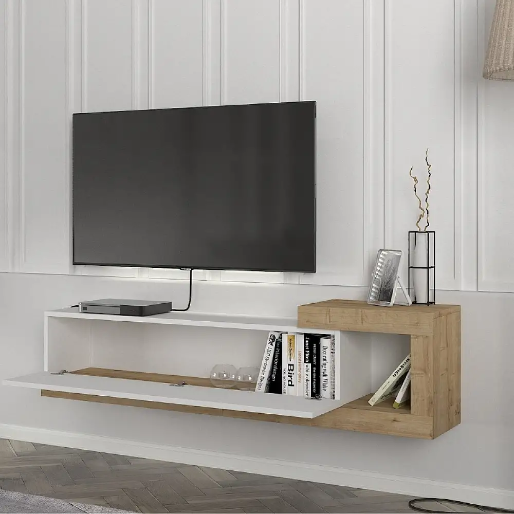 Έπιπλο τηλεόρασης επιτοίχιο Volare Megapap χρώμα λευκό - sapphire oak 150x29,6x38,6εκ. | GP042-0187,3